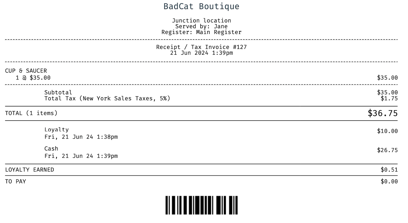 Receipt for sale with redeemed loyalty as part of the payment.