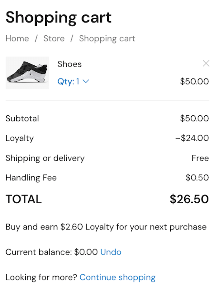 Online checkout with loyalty added to purchase.