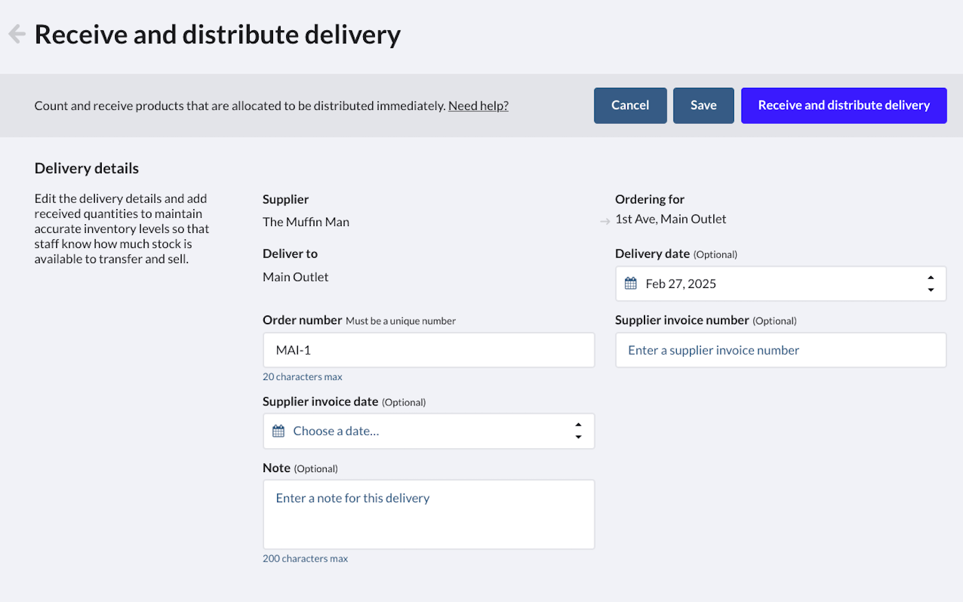 Purchase order page showing Receive and distribute delivery button.