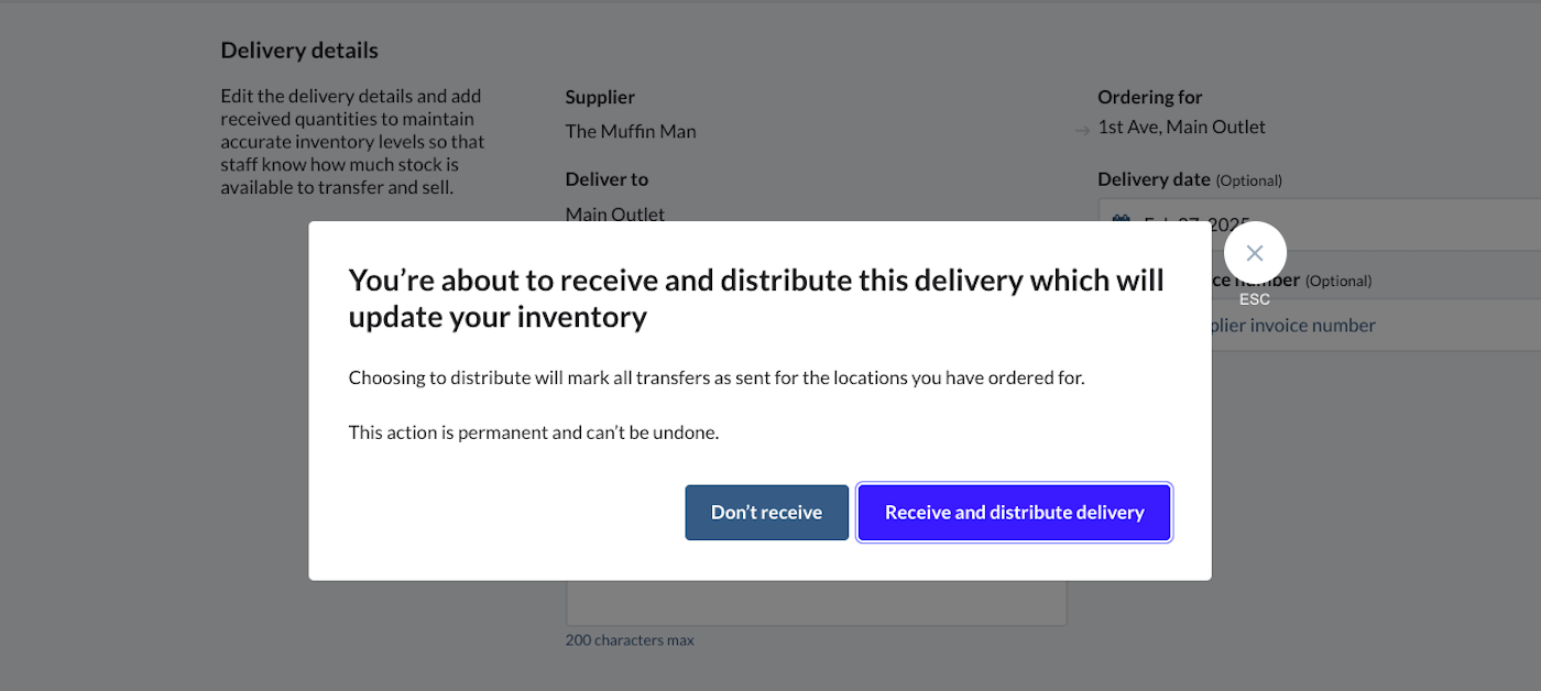 Pop-up message confirming you are about to receive and distribute delivery.