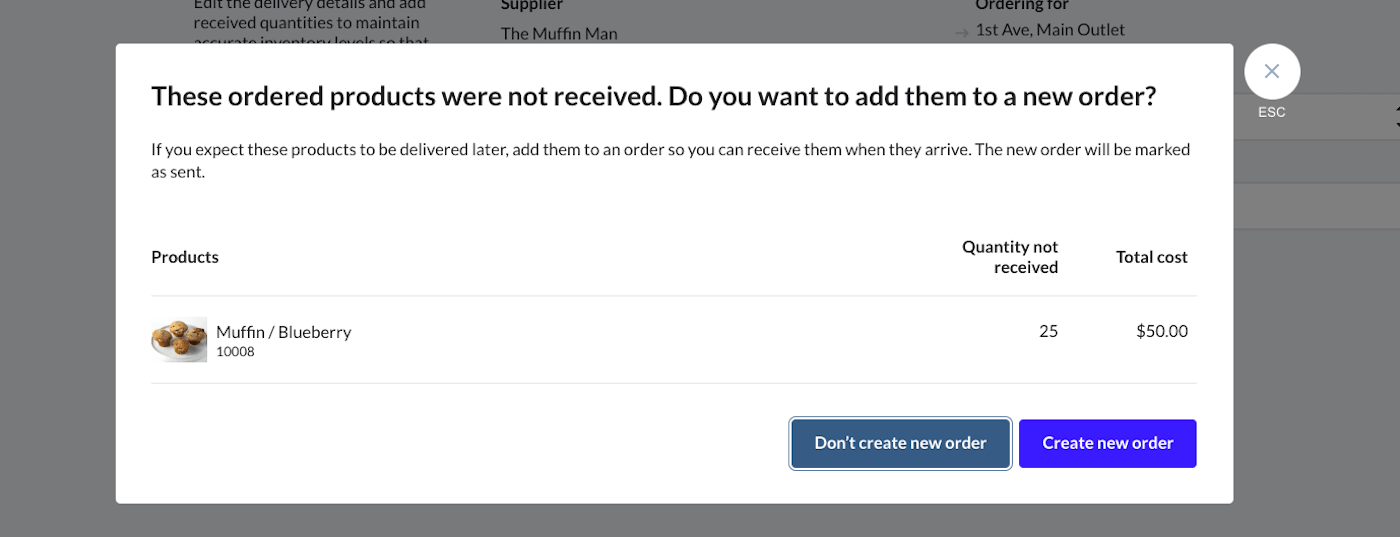 Pop-up prompting to add unreceived products to a new order.