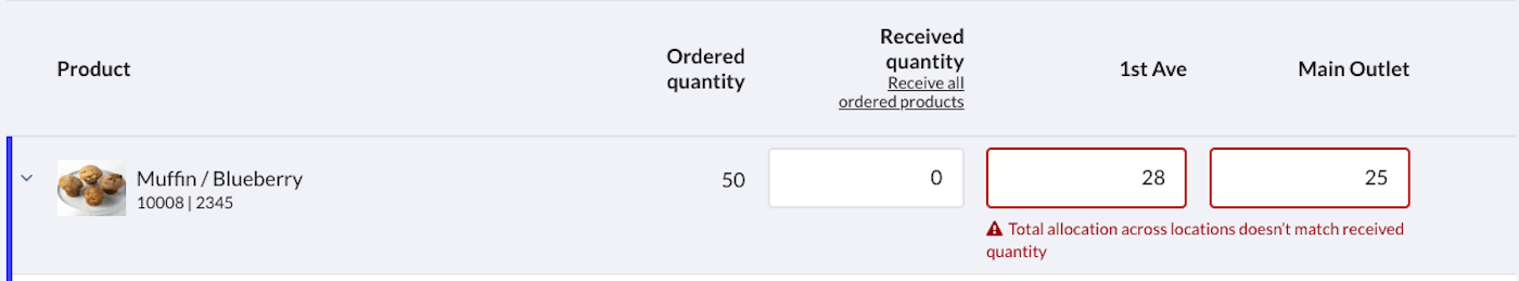 Quantity fields where total allocation doesn't match received quantity, showing error message.