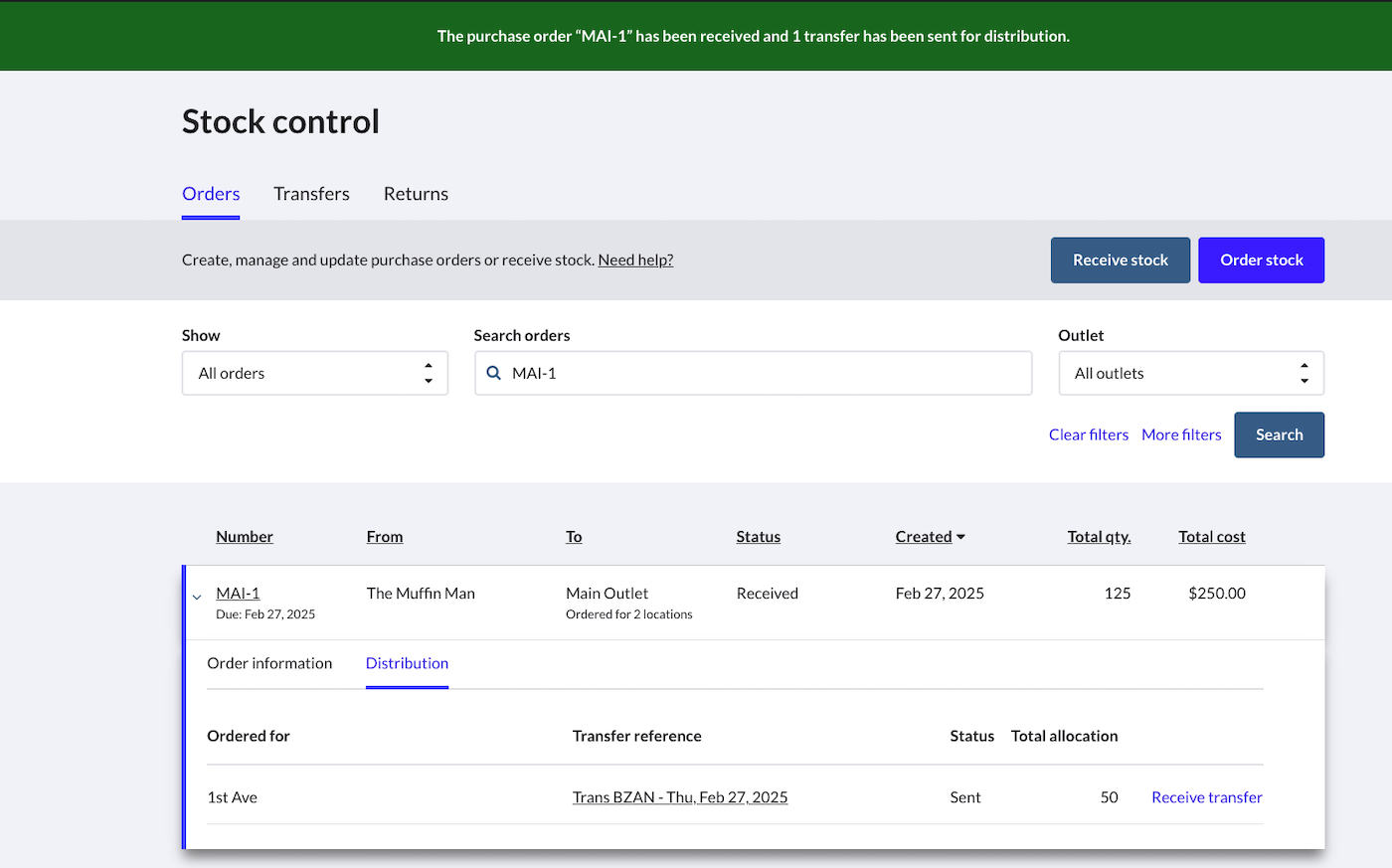 Orders tab with banner showing that purchase order has been received and transfers sent. Purchase order status has been changed to Sent.