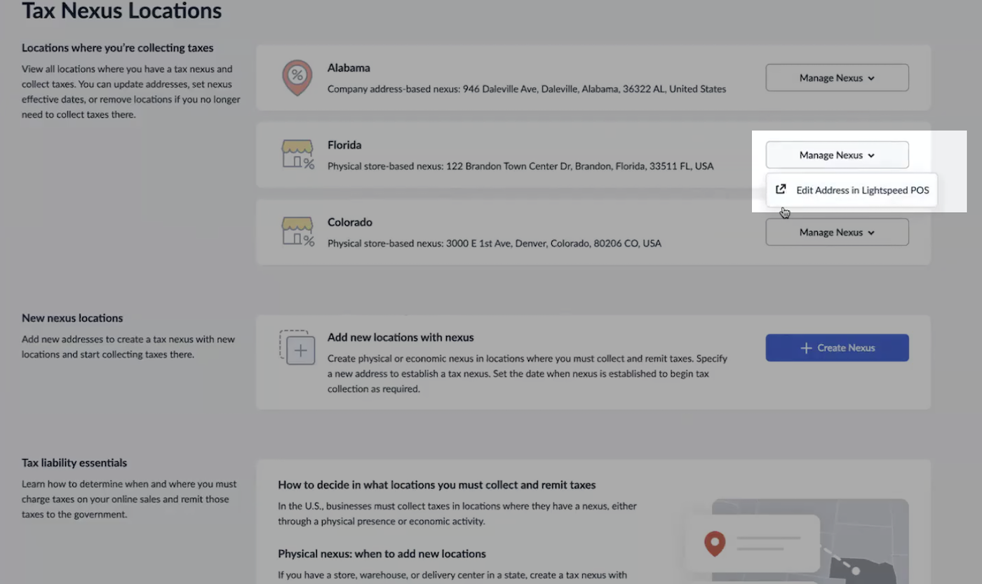 Tax nexus locations page with manage nexus button highlighted.