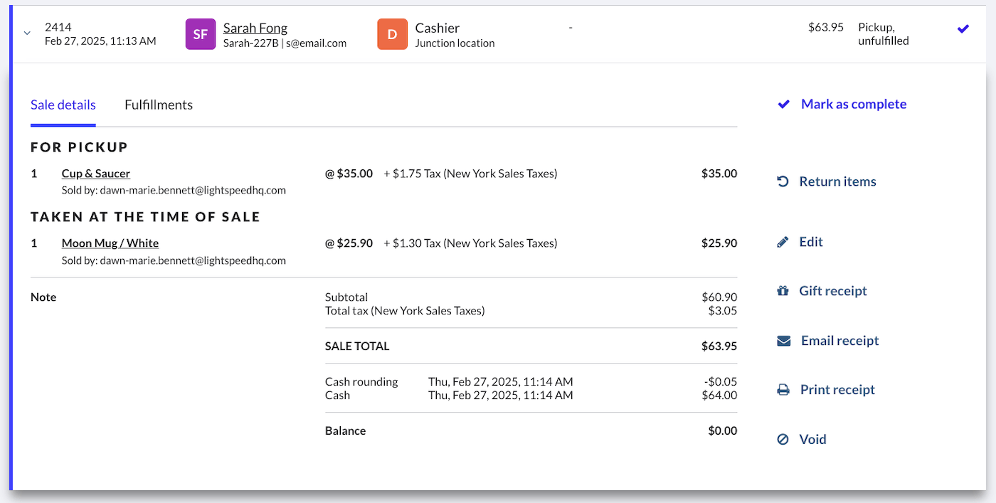 Fulfillment sale in the sales history showing which products are for pickup and which products were taken at the time of sale.