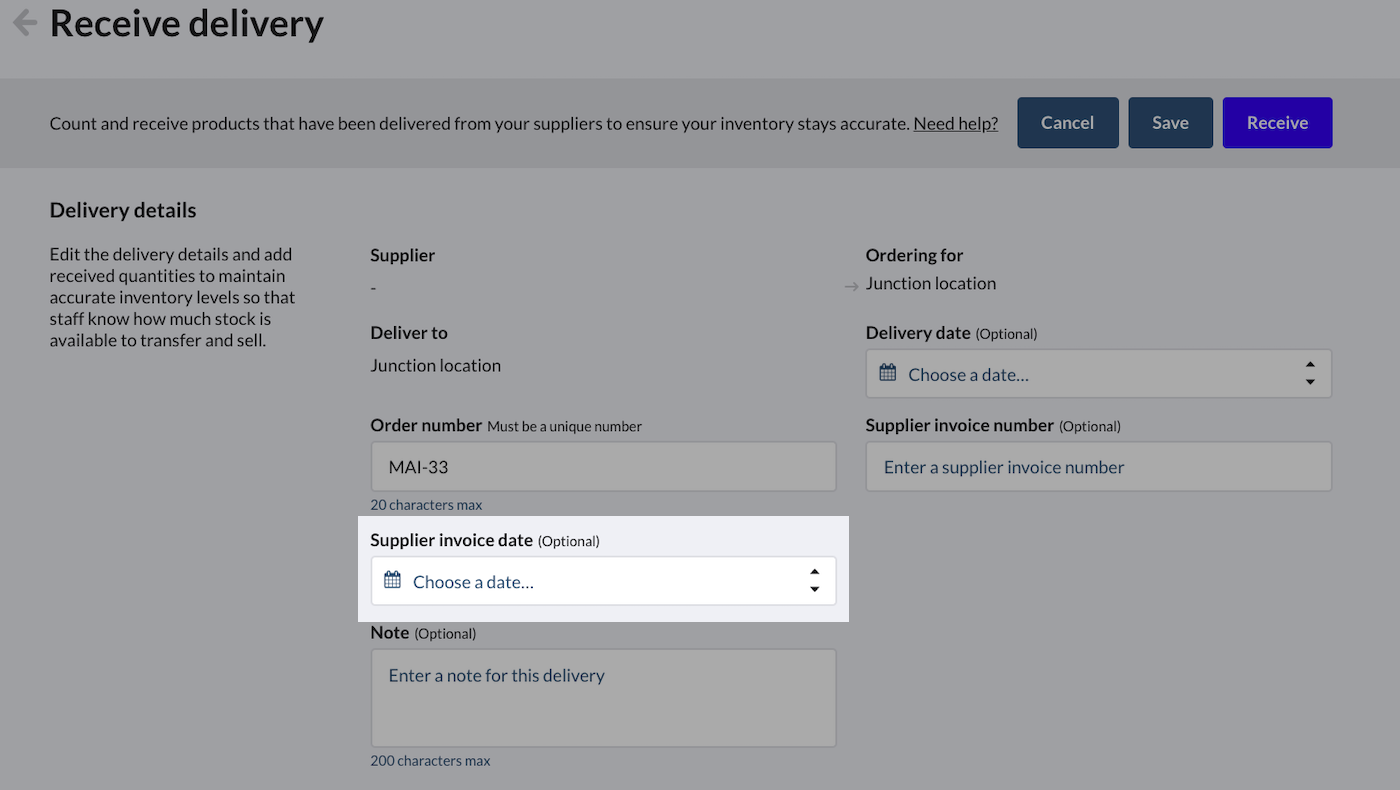 Purchase order with field for entering the supplier invoice date highlighted.