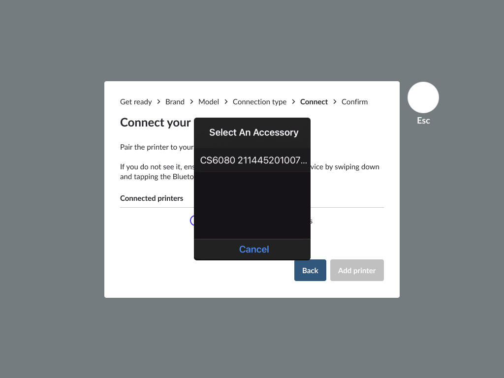 Pop-up displaying printer name.