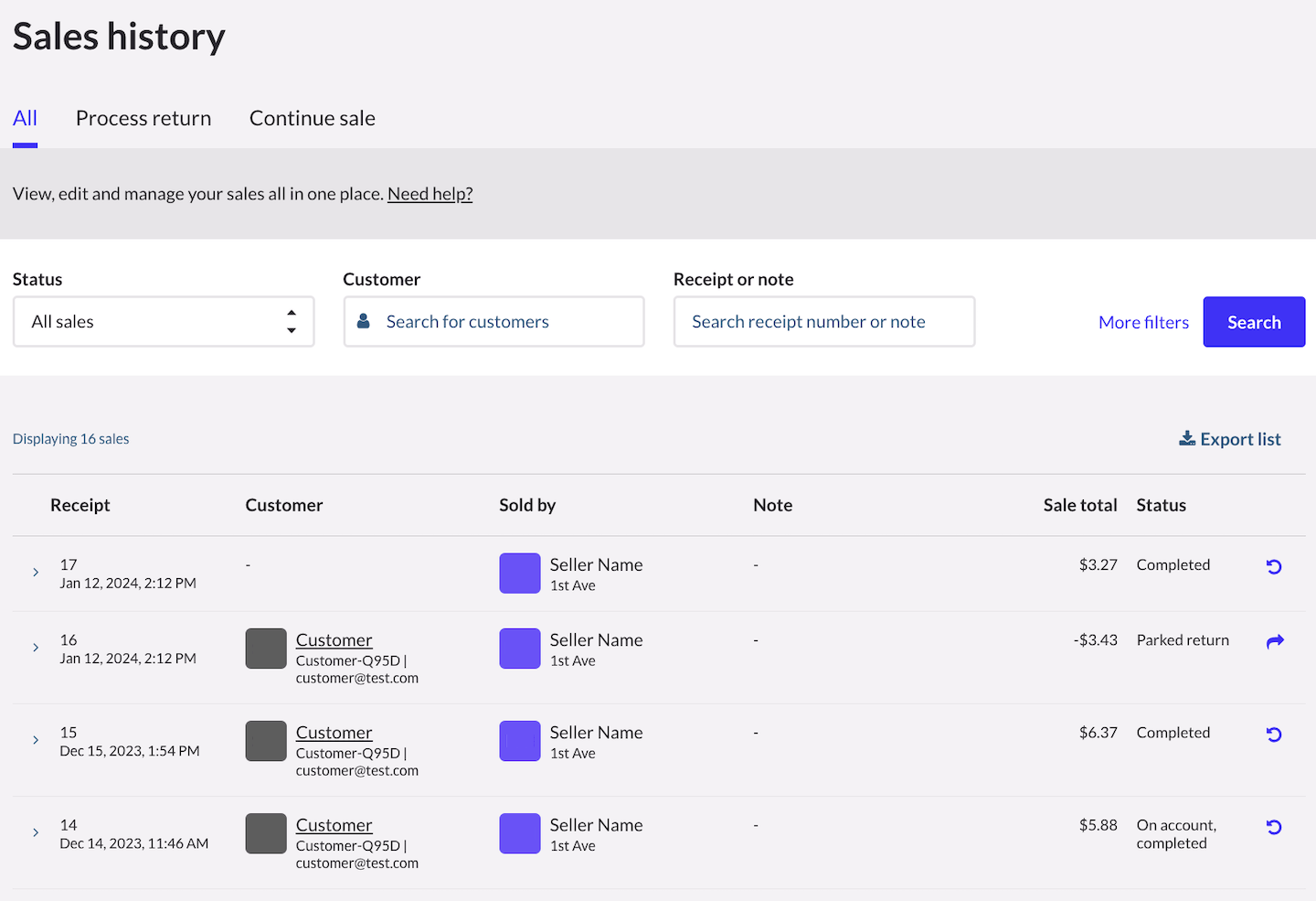 Sales History screen, showing most recent sales.