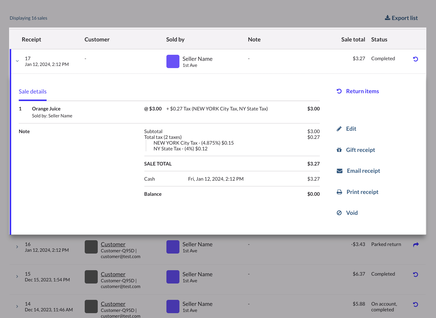 Sales History screen with most recent sale expanded and additional information displayed.