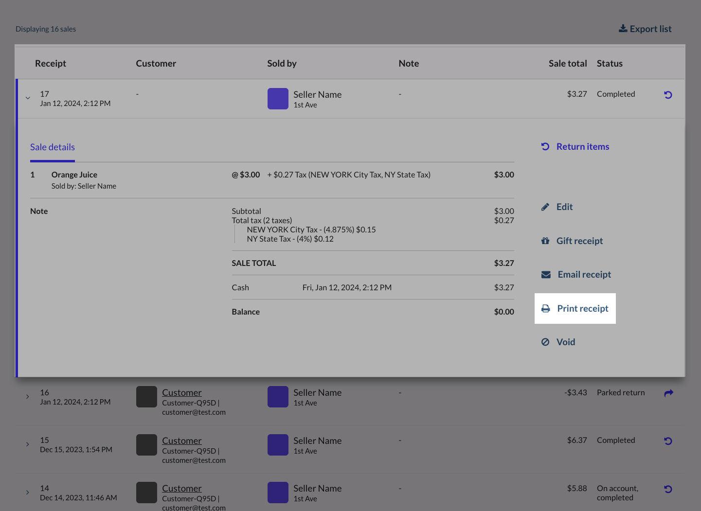 Sales History screen with sale expanded and Print receipt button emphasized.