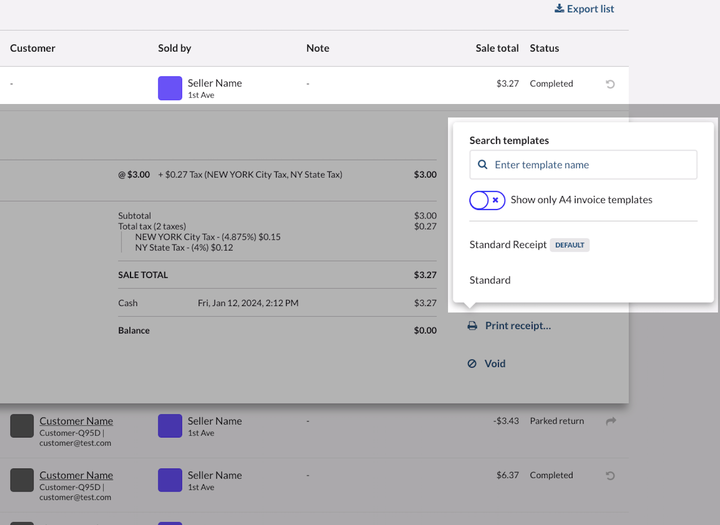 Pop-up asking to Choose a receipt template and Print the receipt.