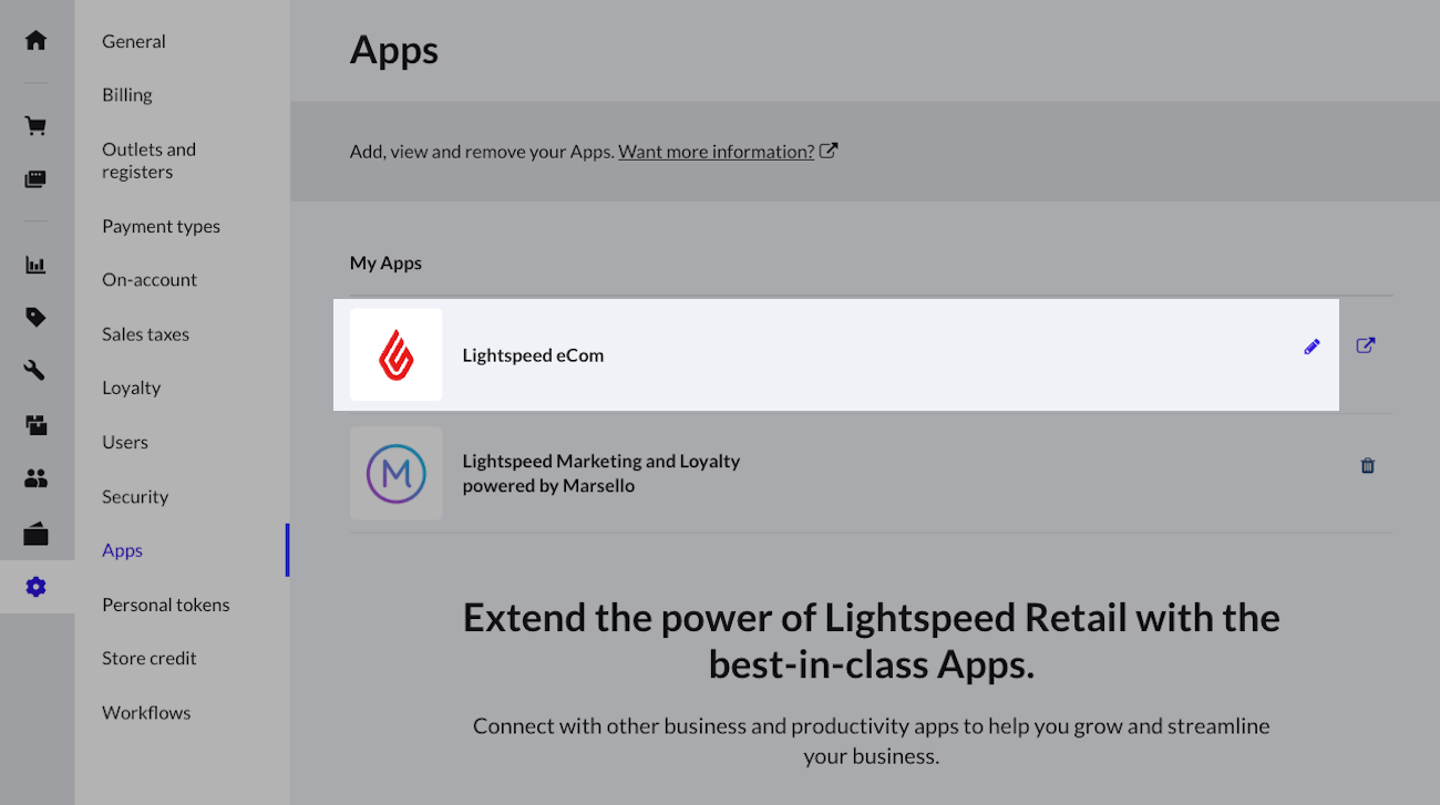 Pagina Apps waarop Lightspeed eCom en het potloodpictogram zijn uitgelicht.