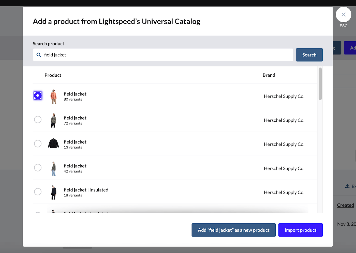 Knop om product uit universele catalogus te importeren