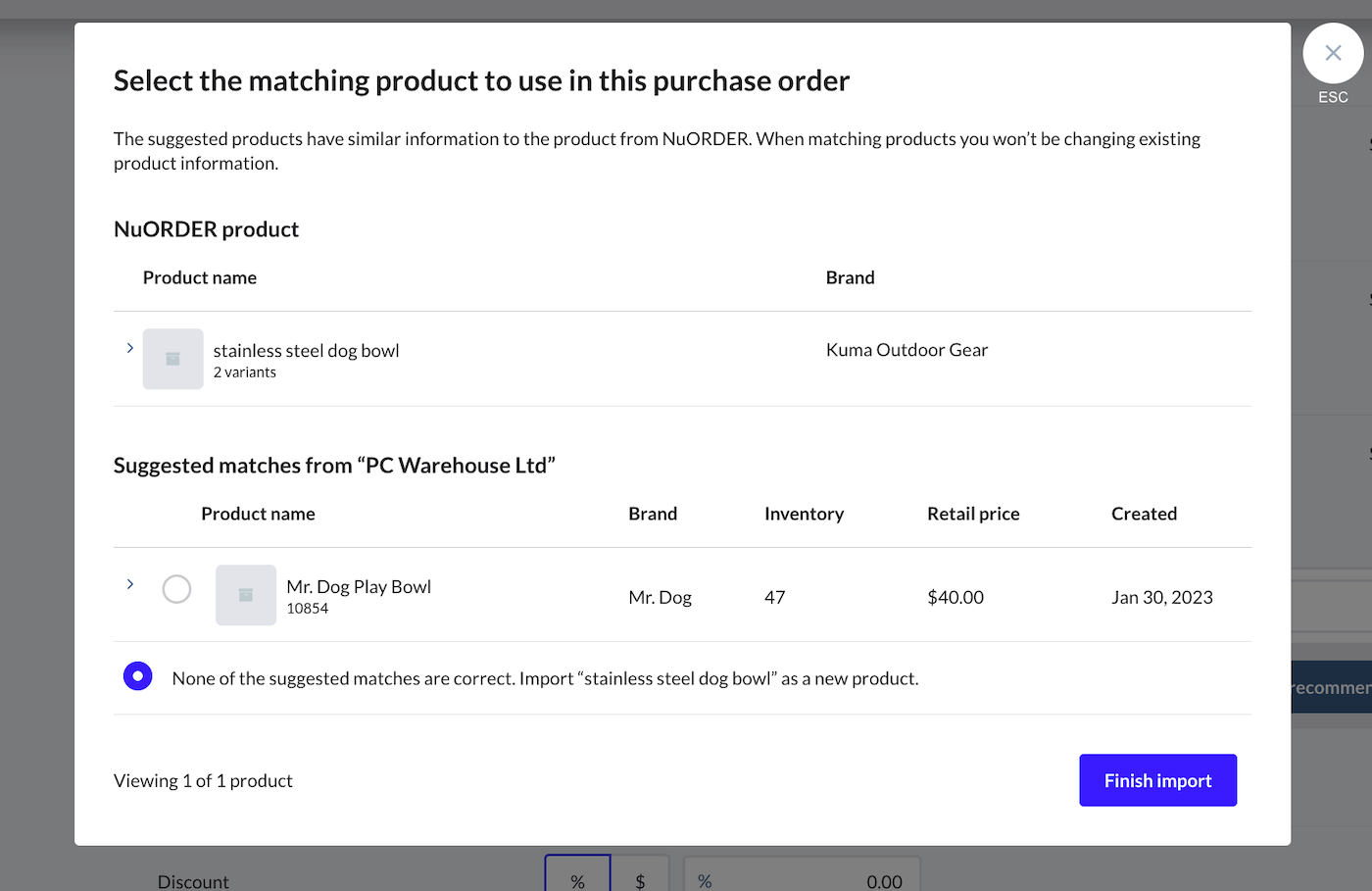 Zoeken of scannen om een product te te voegen waarin de optie 'Geen van de voorgestelde matches is juist' geselecteerd is.