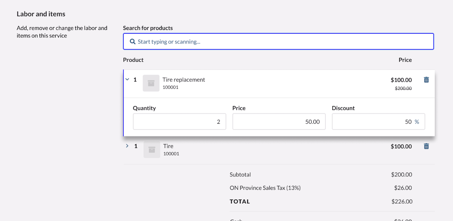 Edit service page with Labor and items section visible, showing Search field.