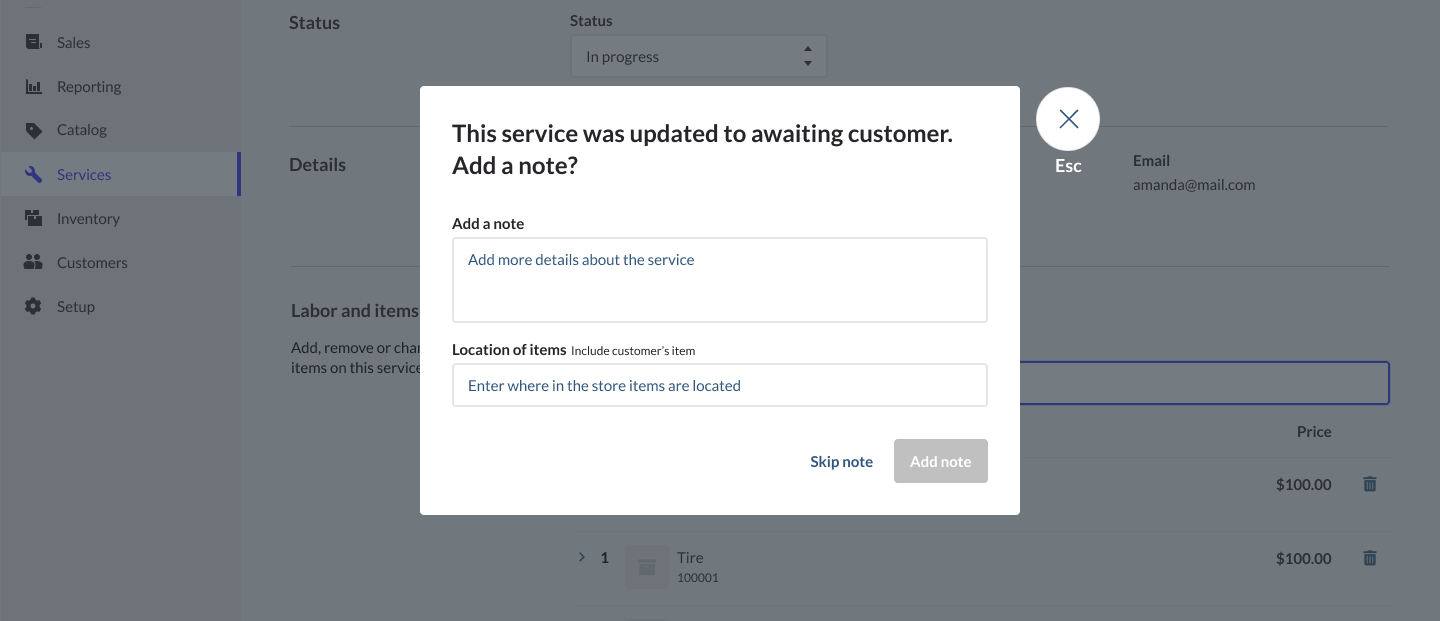 Pop-up prompting to enter information and Add note or Skip note.