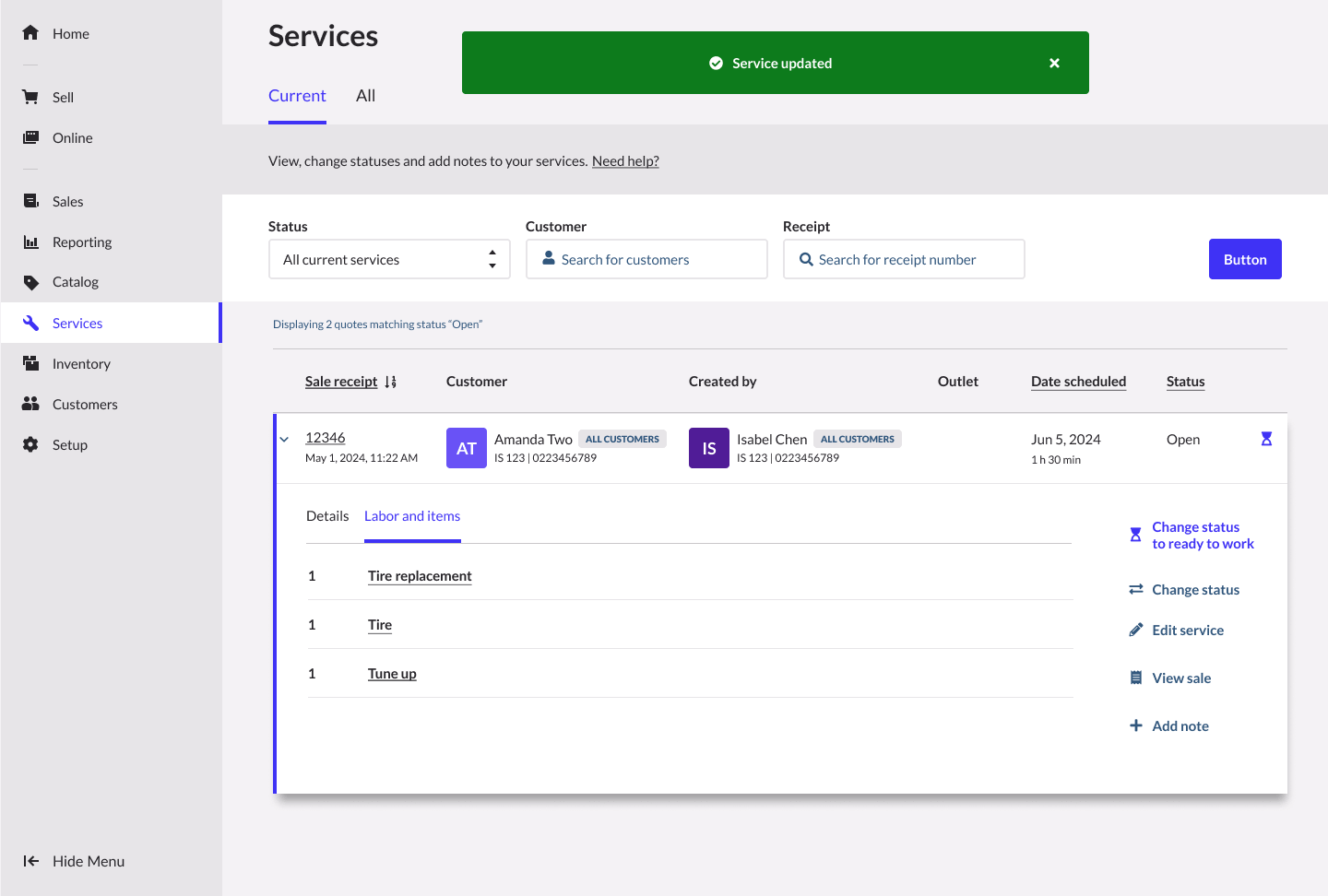 Service page showing temporary banner stating that the Service has been updated.