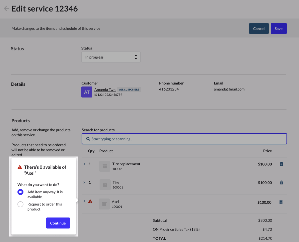 Edit service page with emphasized window stating that the selected product is not available. Options are available to Add item anyway or Request to order the product.