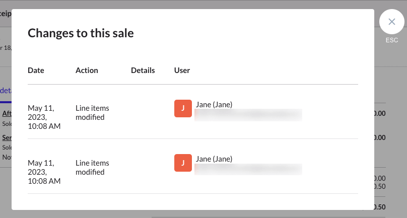 Pop-up window displaying all previous changes to sale.