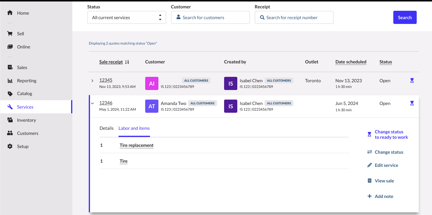 Service page with individual service selected to show expanded view.
