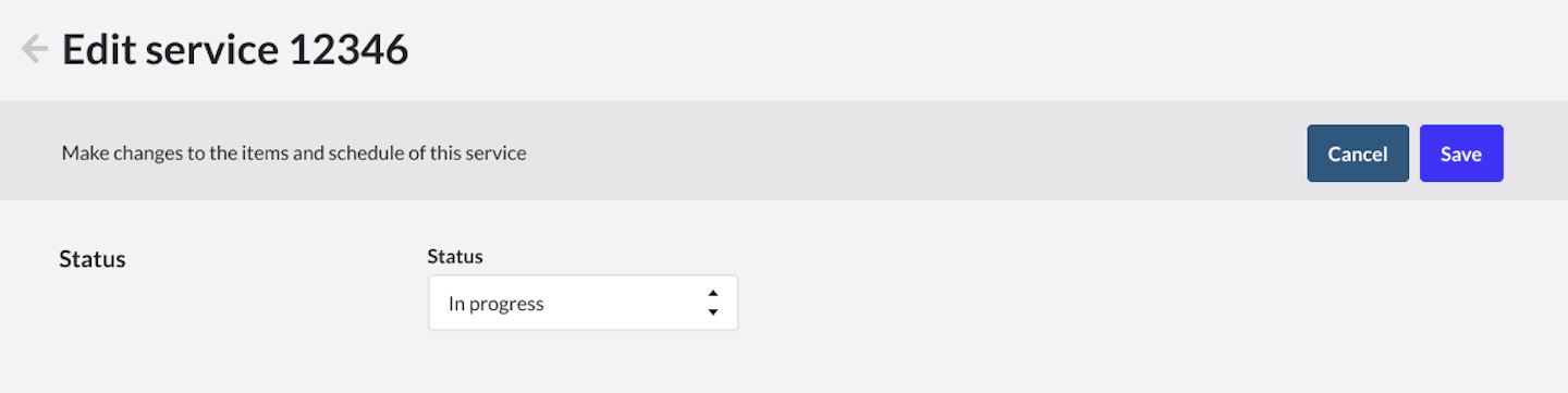 Edit service page with Status section visible.