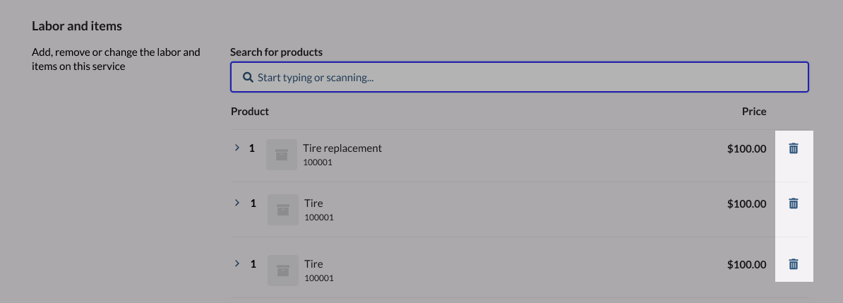 Edit service page showing products with trash icons emphasized.