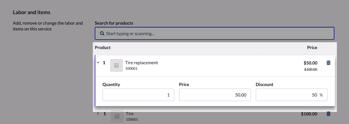 Edit service page showing Labor and items section with product expanded and Quantity, Price, and Discount fields emphasized.