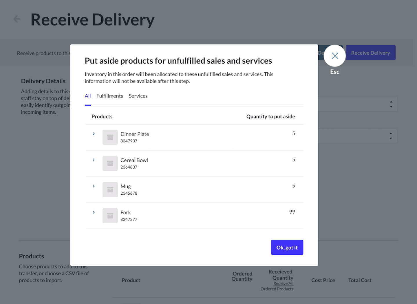Pop-up during receipt of purchase order showing that out of stock products attached to unfulfilled sales and services are being put aside.