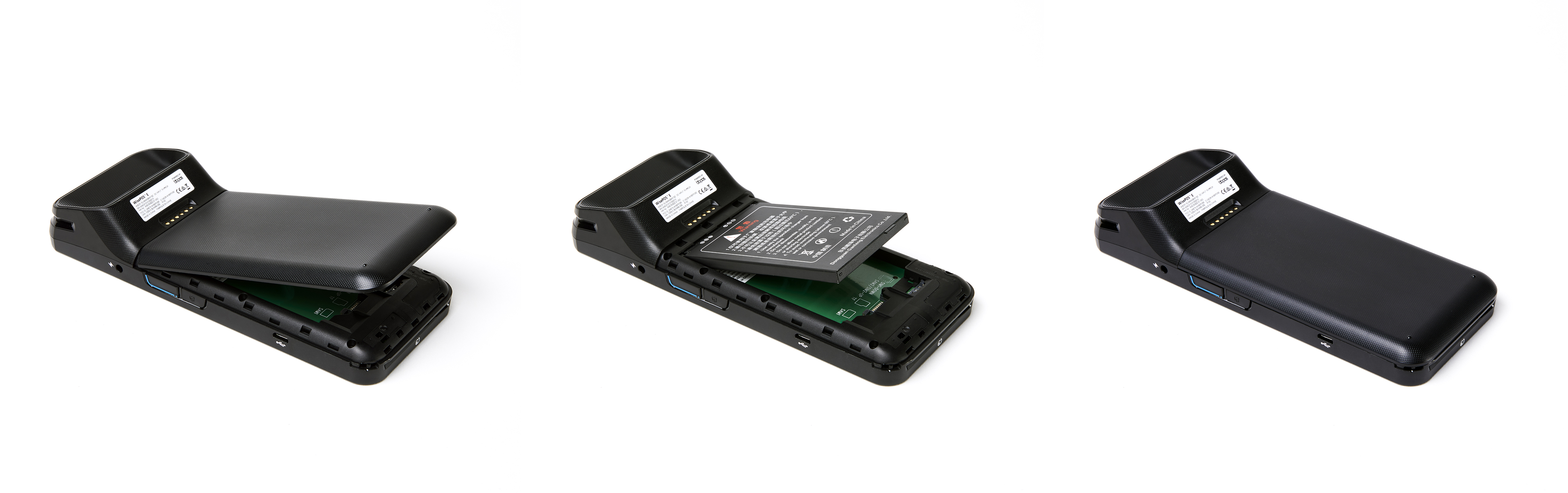 Smart Terminal (WisePOS E) battery insertion steps: taking cover off, placing battery in, replacing cover.