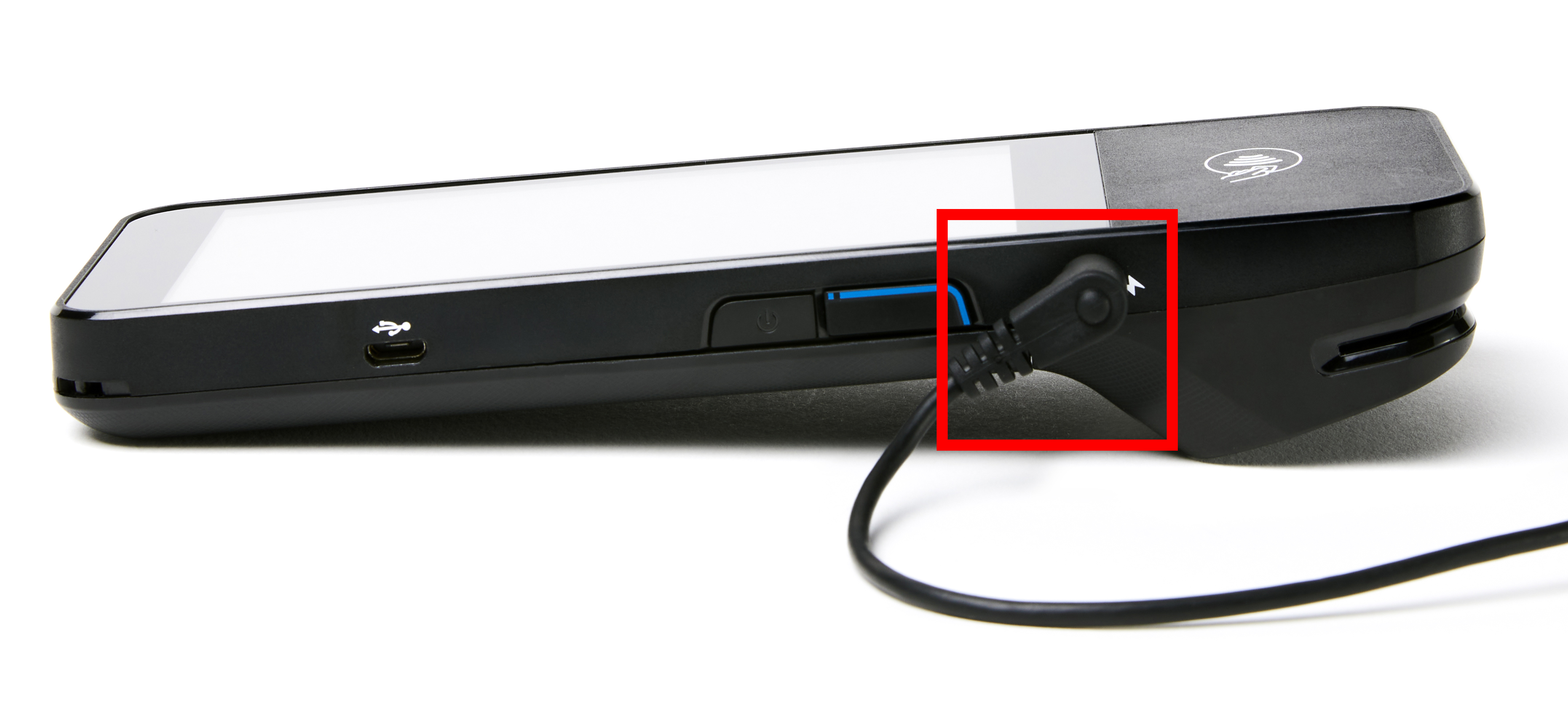 Smart Terminal (WisePOS E) terminal with power cable connected.