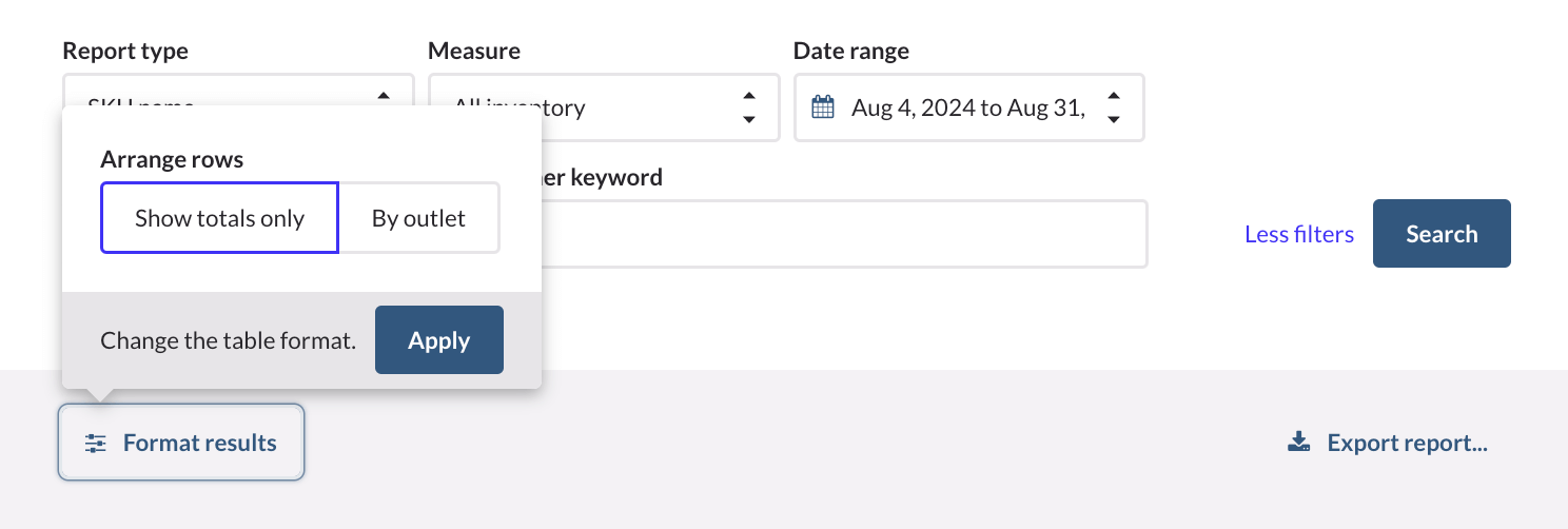 The 'Format results' filter button is highlighted, with the 'Show totals only' option selected.