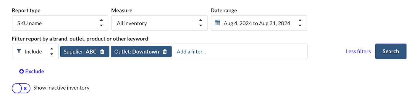 Report filters displaying 'Report type', 'Measure', and 'Date range', with 'Supplier', and 'Outlet' filters applied.