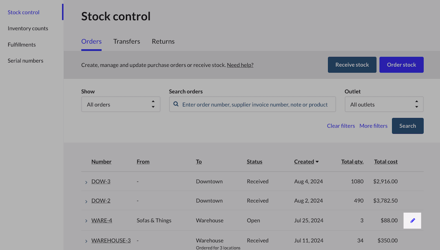 The Stock control page with 'Orders' selected, displaying a table of orders with details and a highlighted 'Edit' pencil icon.