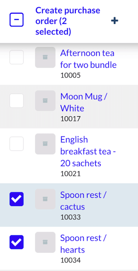 The 'Create purchase order' column with checkboxes enabled for two products to add to a purchase order.