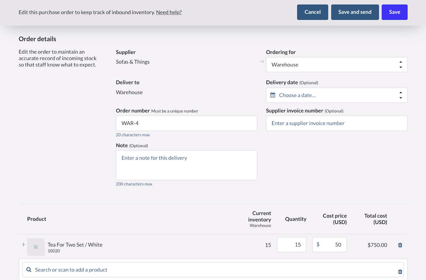 The 'Edit this purchase order' page displaying order details, including supplier, delivery, and product information.
