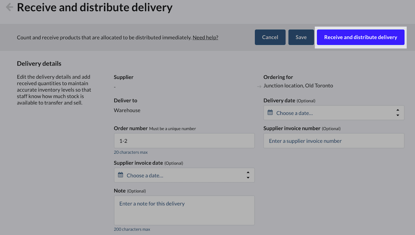 Bon de commande avec le bouton Réceptionner et distribuer la livraison mis en évidence.