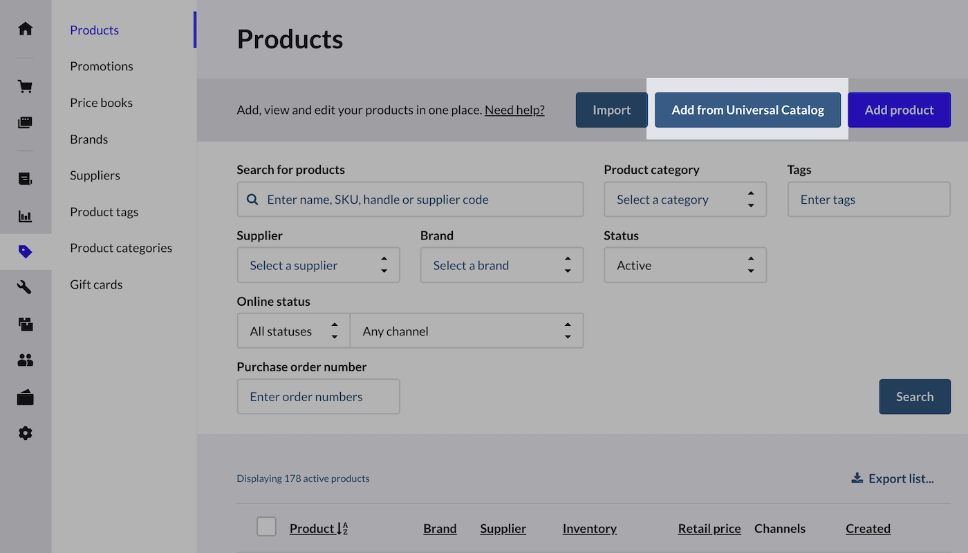 Page Produits, le bouton Ajouter un produit du catalogue universel est mis en évidence.