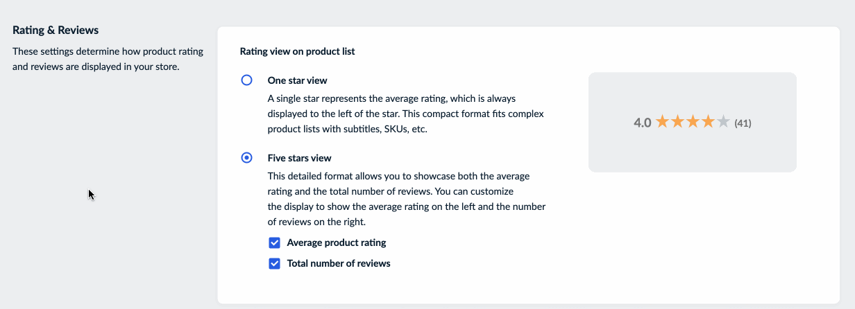 Section Évaluation et avis, l’option Vue de cinq étoiles est cochée.