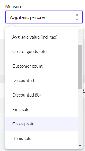 Menu déroulant Indicateur présentant plusieurs indicateurs de vente, comme le nombre de clients et les articles vendus.