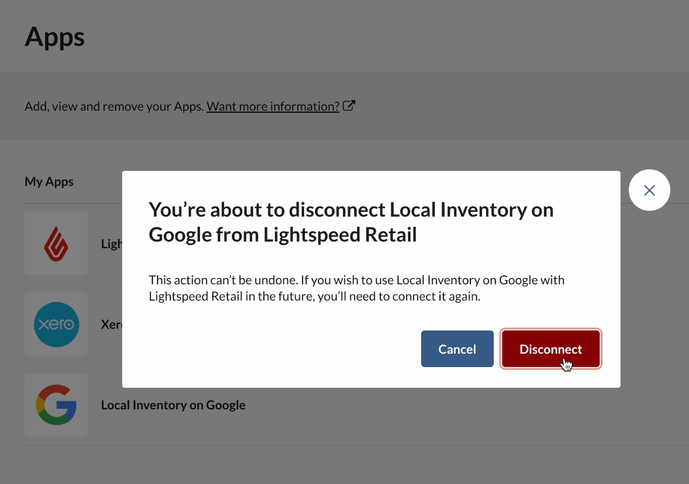 Confirmation de la déconnexion de l’application d’inventaire en magasin de Google.