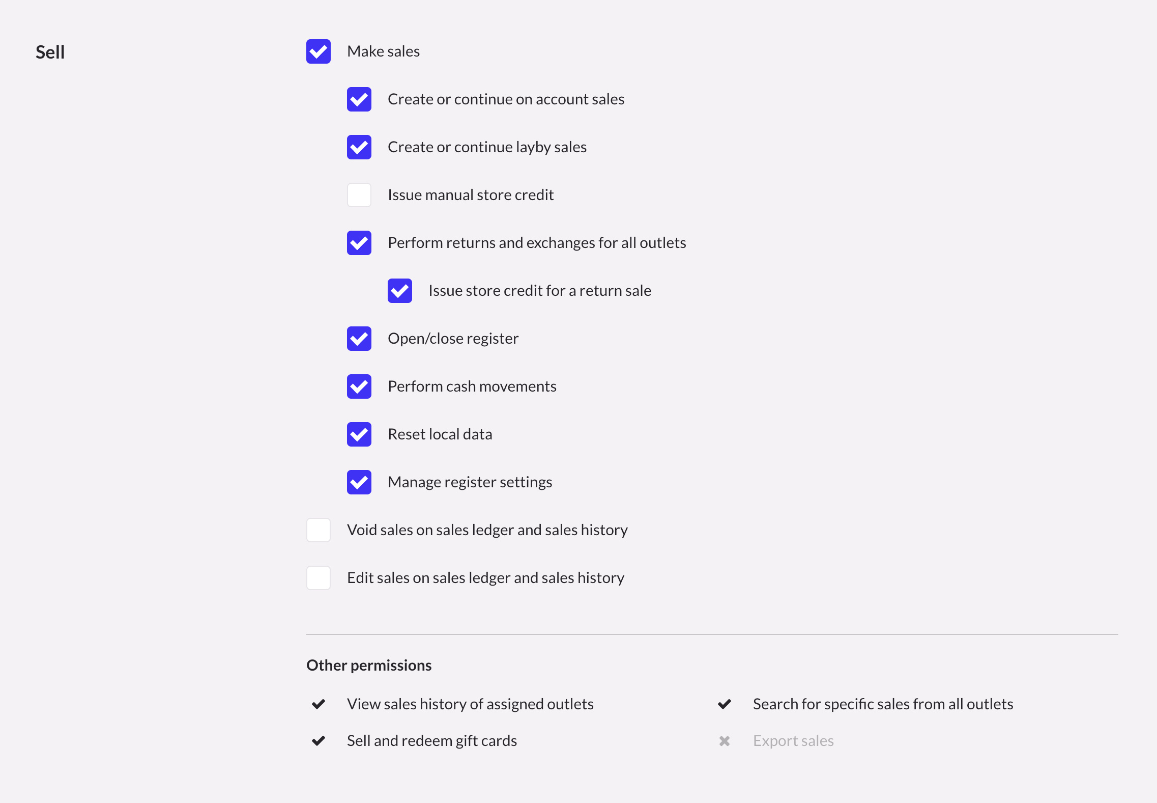 Page des autorisations montrant les différentes autorisations à cocher