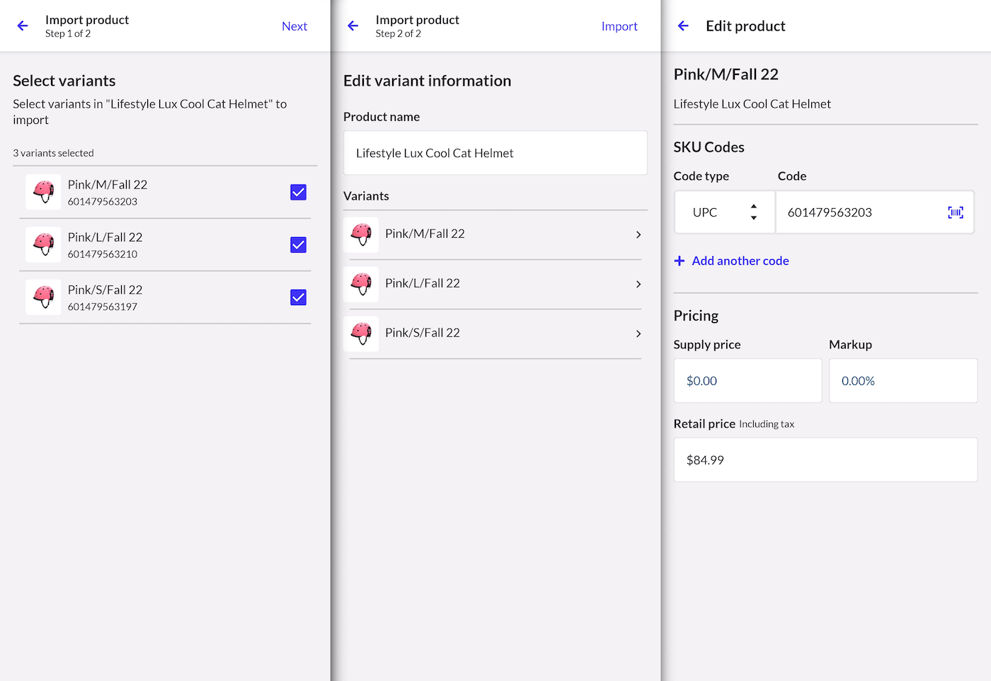 Trois pages de l’application Numériseur, montrant le flux de travail permettant d’ajouter des articles au catalogue B2B pendant la réception d’une commande.