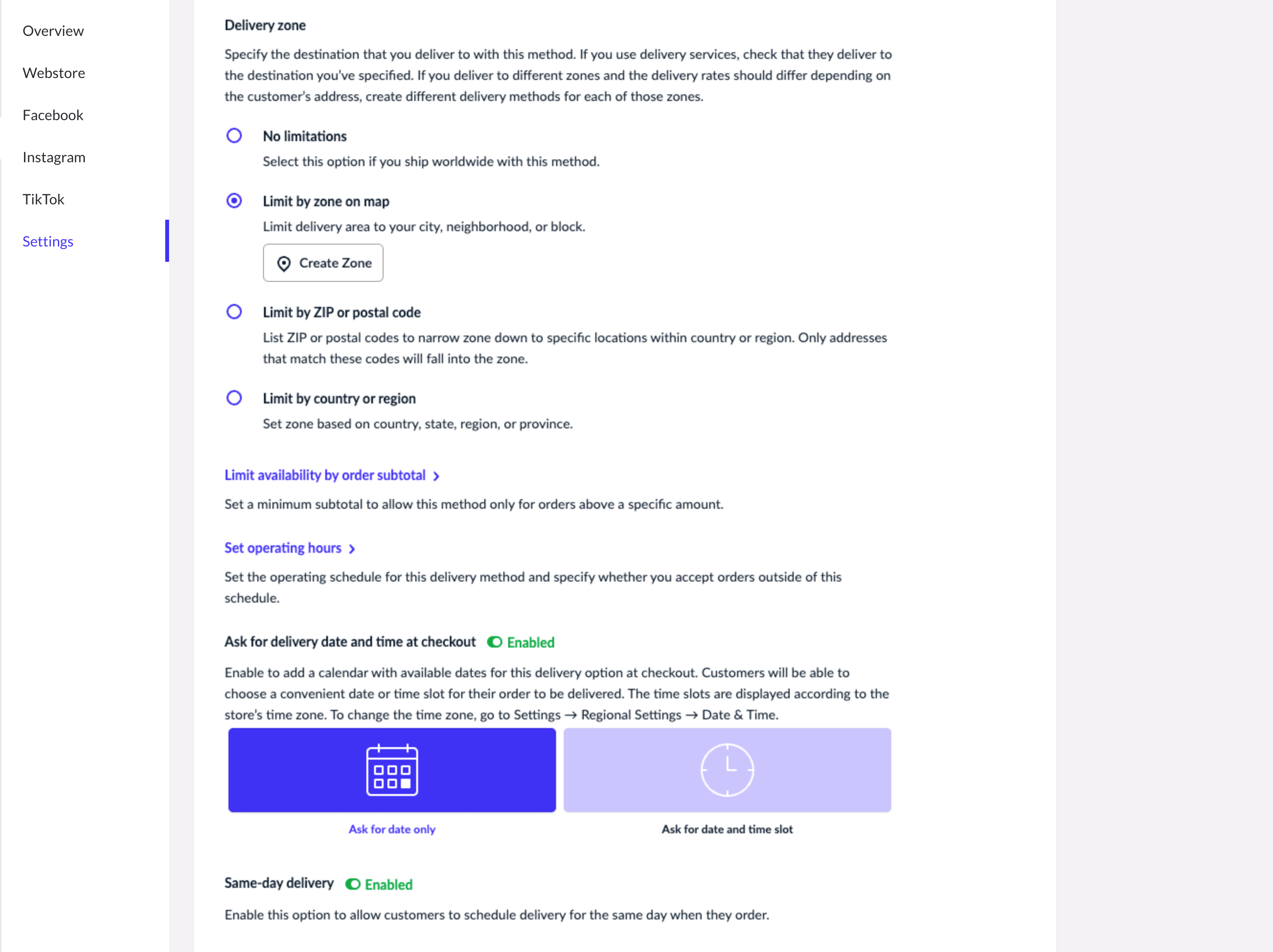 Page de livraison locale montrant des options permettant de définir la zone de livraison et de proposer la livraison le jour même.