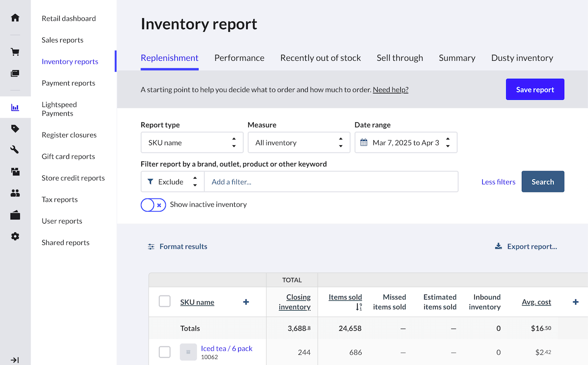 Inventory report page with the replenishment tab selected.