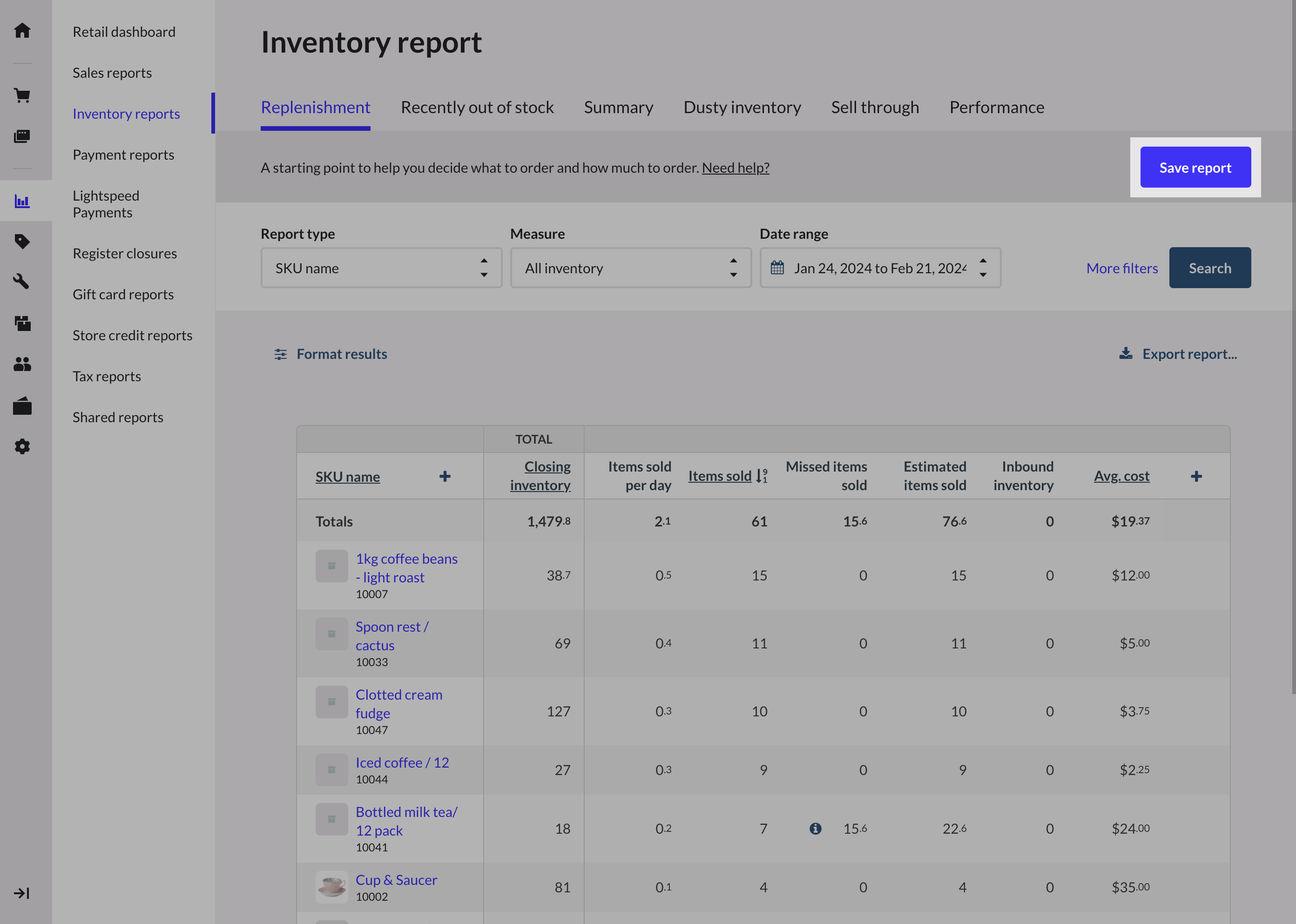 Inventory report page with save report button highlighted.