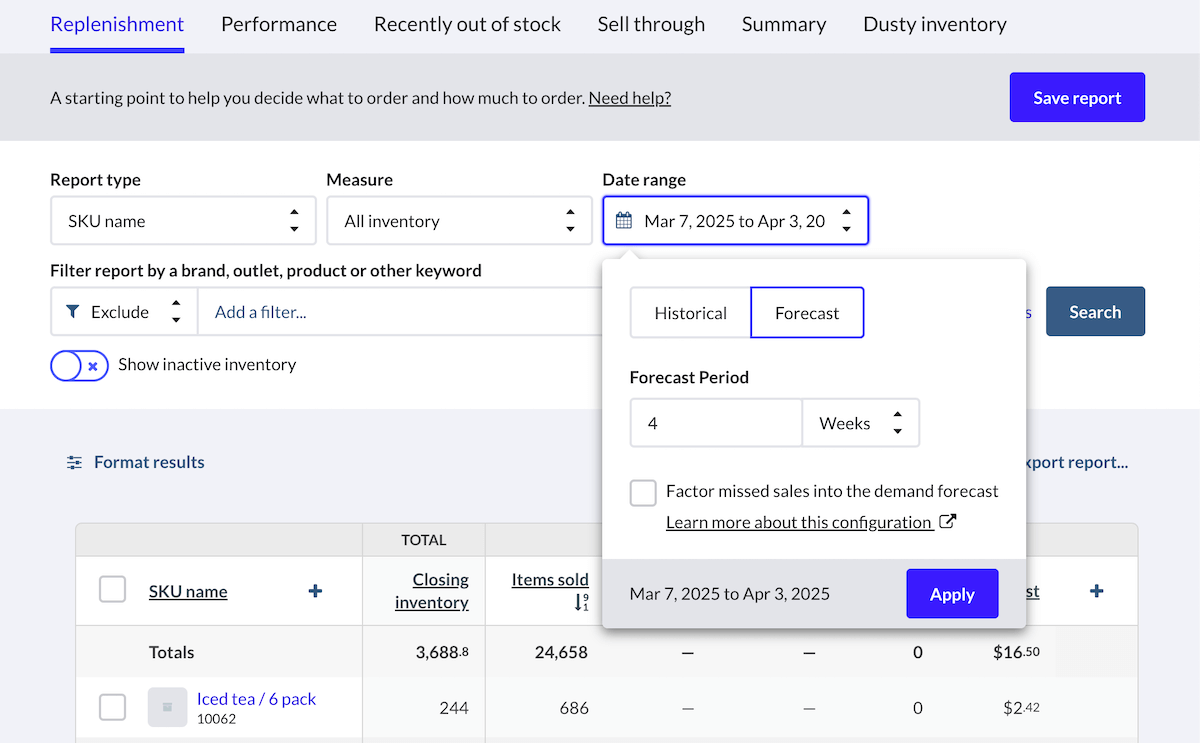 'Date range' dropdown menu displaying 'Historical' and 'Forecast' options, and a 'Forecast Period' customizable setting on the Inventory report page.