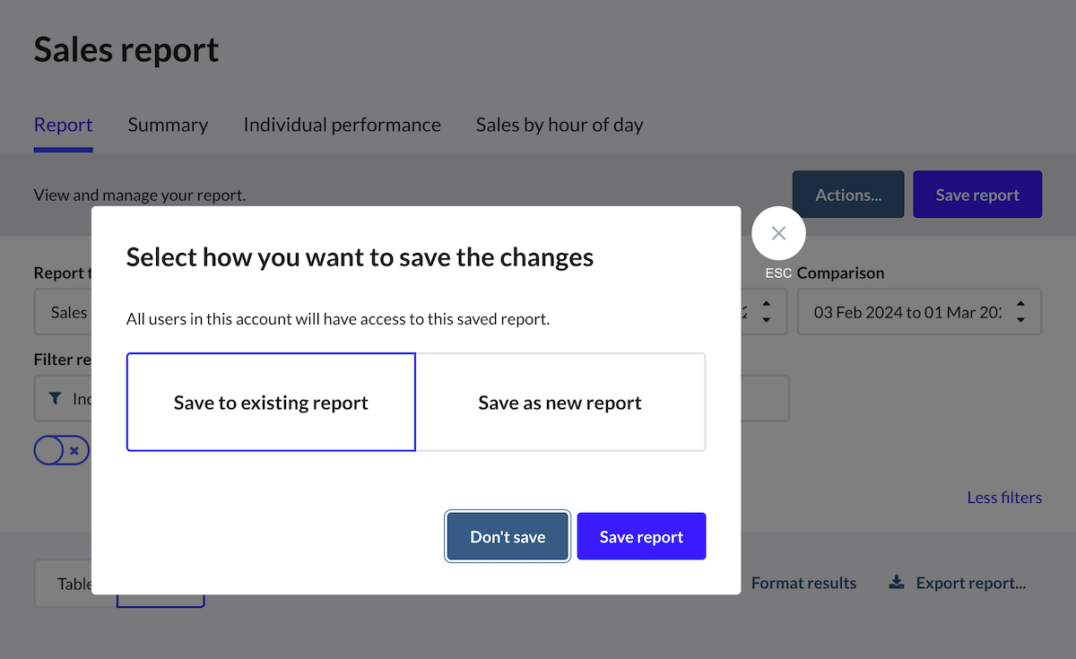'Select how you want to save the changes' pop-up on a sales report screen with 'Save to existing report' and 'Save as new report' options.