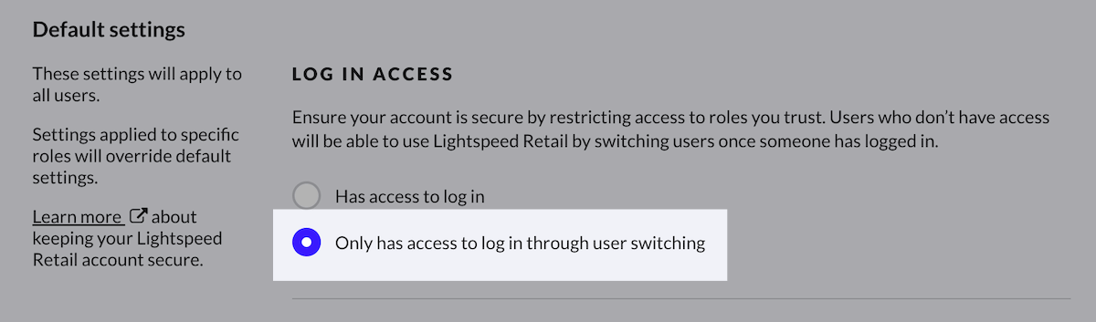 Log in access settings.