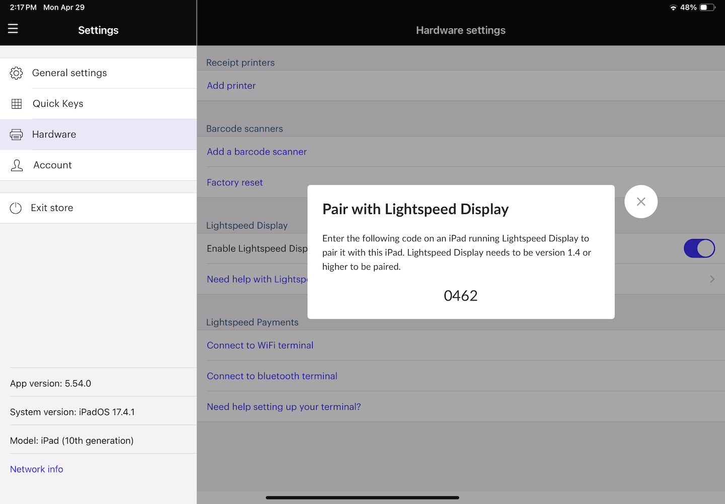 Pop-up window showing 4-digit code to pair with Lightspeed Display.
