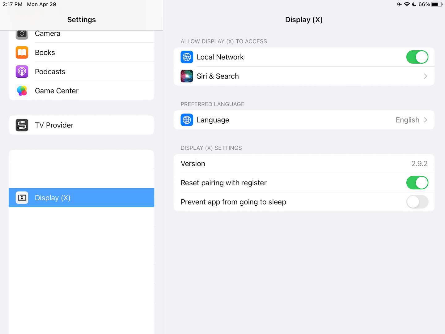 Settings app with Display (X) option selected, showing option to Prevent app from going to sleep.